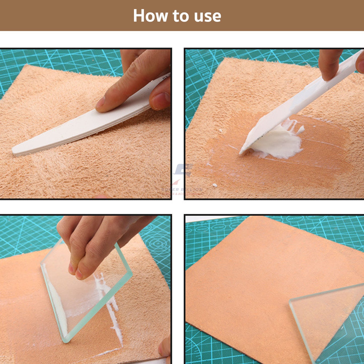 แผ่นกระจกใส ขอบโค้งมน สำหรับปาดและกดท้องหนังให้เรียบเนียน แน่นตึง