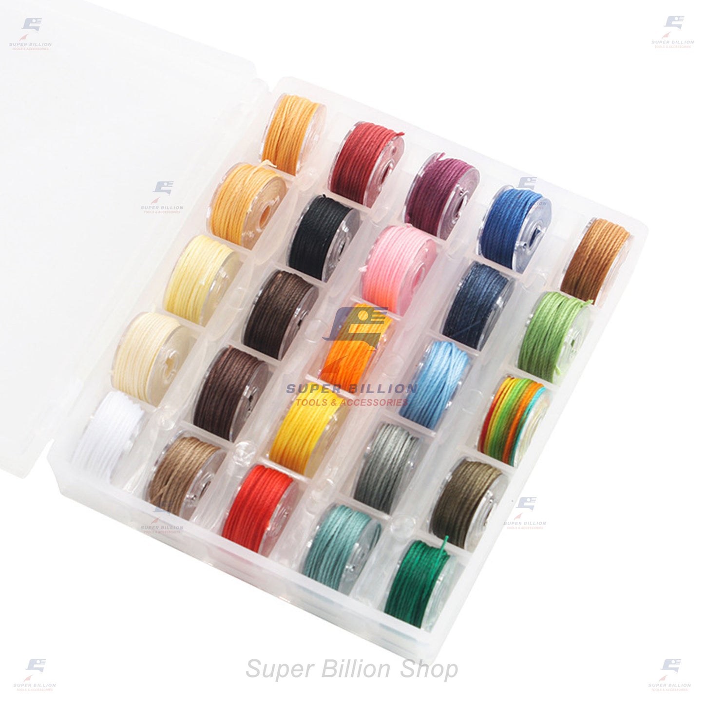 ชุดกล่องด้ายโพลีเอสเตอร์ เคลือบแว็กซ์ ชนิดด้ายกลม กล่องละ 25 สี มี 3 ขนาดให้เลือก 0.45/0.55/0.65 mm.
