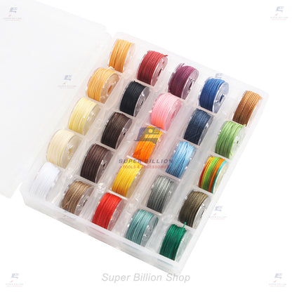 ชุดกล่องด้ายโพลีเอสเตอร์ เคลือบแว็กซ์ ชนิดด้ายกลม กล่องละ 25 สี มี 3 ขนาดให้เลือก 0.45/0.55/0.65 mm.