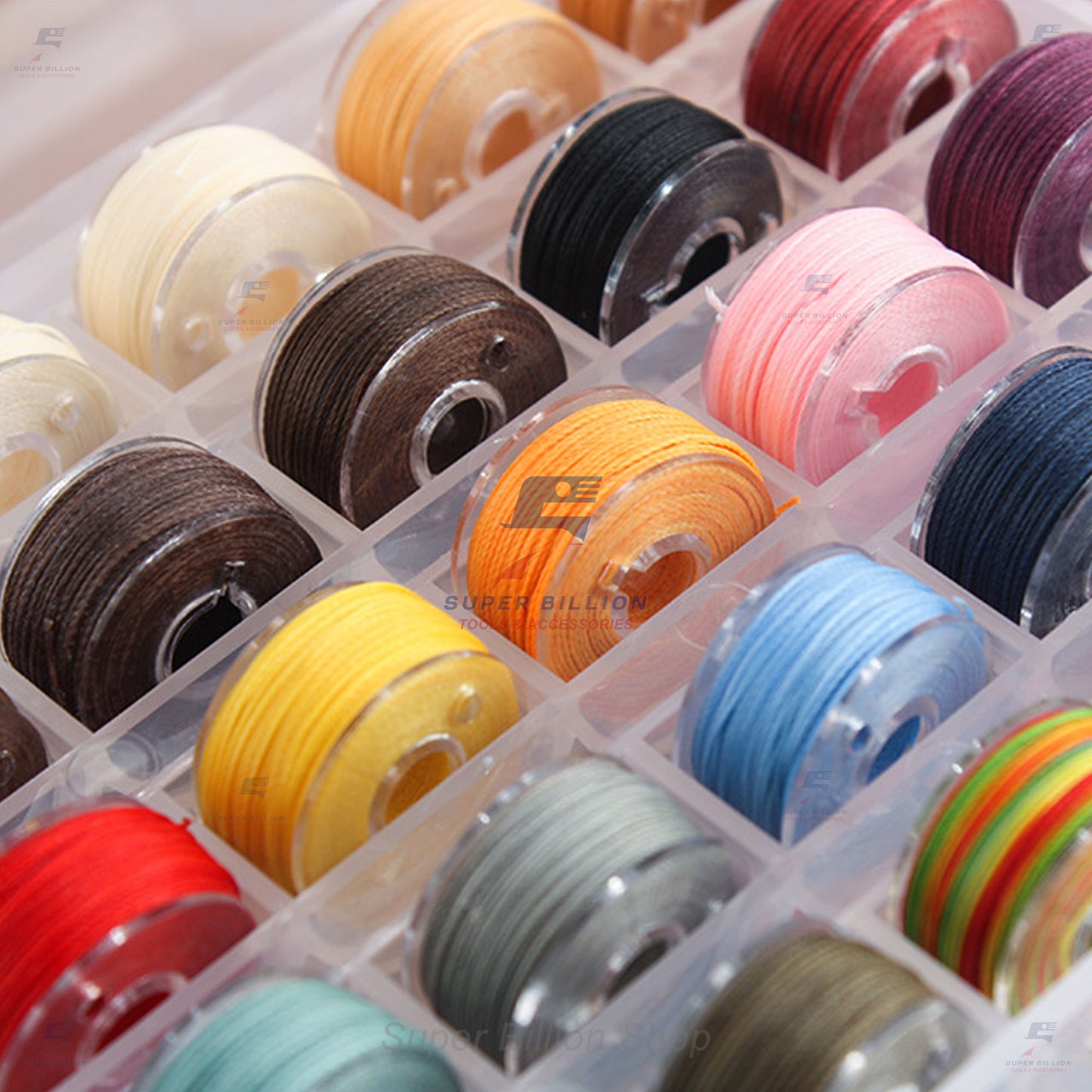 ชุดกล่องด้ายโพลีเอสเตอร์ เคลือบแว็กซ์ ชนิดด้ายกลม กล่องละ 25 สี มี 3 ขนาดให้เลือก 0.45/0.55/0.65 mm.