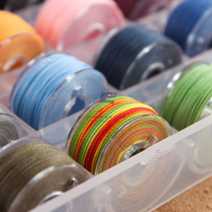 ชุดกล่องด้ายโพลีเอสเตอร์ เคลือบแว็กซ์ ชนิดด้ายกลม กล่องละ 25 สี มี 3 ขนาดให้เลือก 0.45/0.55/0.65 mm.