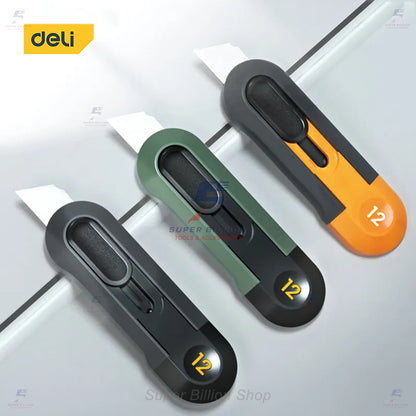 Deli คัตเตอร์ขนาดเล็ก คัตเตอร์พกพา แบบสปริง ใบมีดดีดกลับเอง และล็อคใบมีดได้ HT4007