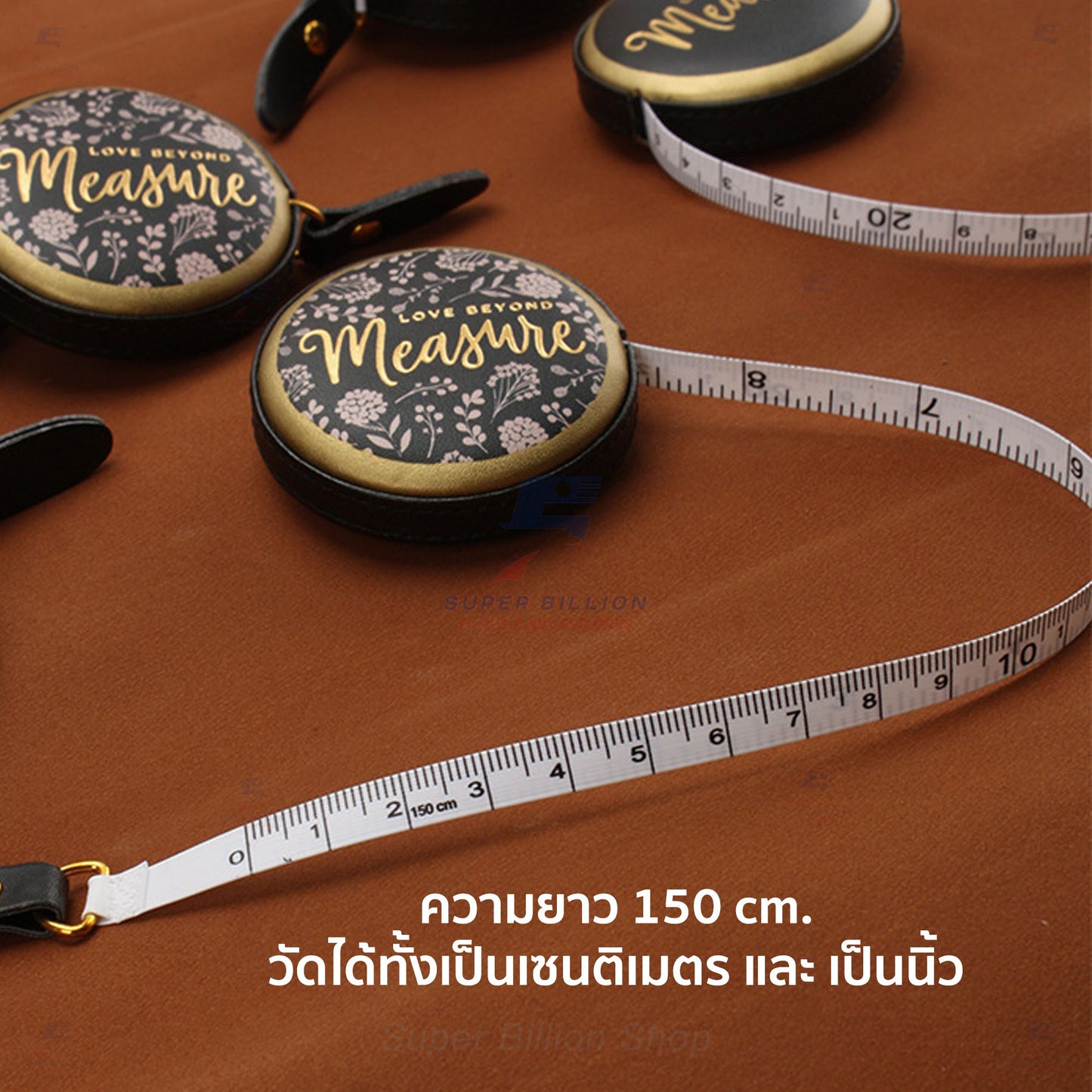 สายวัดตัวแบบตลับกลม 150 ซม. สไตล์วินเทจ หุ้มหนัง PU กดเก็บอัตโนมัติ วัดได้ทั้งนิ้วและเซนติเมตร