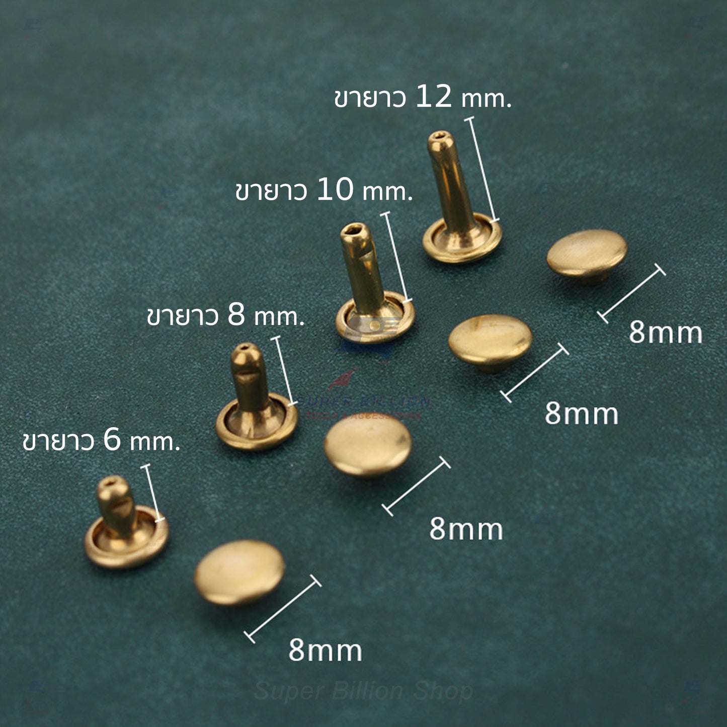 หมุดย้ำทองเหลืองแท้ 2 หน้า หัว 8mm ขายาว 6/8/10/12mm [แพ็คละ 20 ชุด/ขนาด]