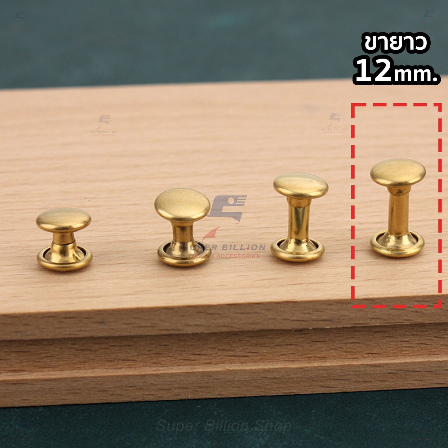 หมุดย้ำทองเหลืองแท้ 2 หน้า หัว 8mm ขายาว 6/8/10/12mm [แพ็คละ 20 ชุด/ขนาด]