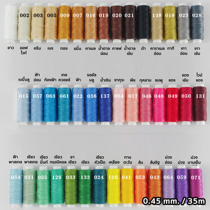 ด้ายโพลีเอสเตอร์ เคลือบแว็กซ์ ขนาด 0.45 mm. ยาว 35 เมตร ใช้ทำเครื่องประดับ งานแฮนด์เมดต่างๆ